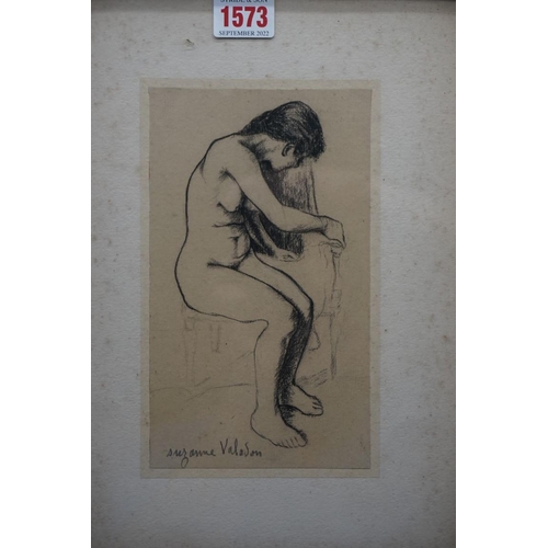 1573 - Suzanne Valadon (1865-1938), a seated nude, signed, charcoal, 19.5 x 11.5cm.