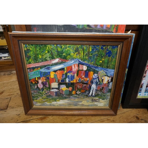 1600A - Constance Burns Crossley, a Caribbean market Stall, signed, oil on canvas, 39.5 x 60cm; together wit... 