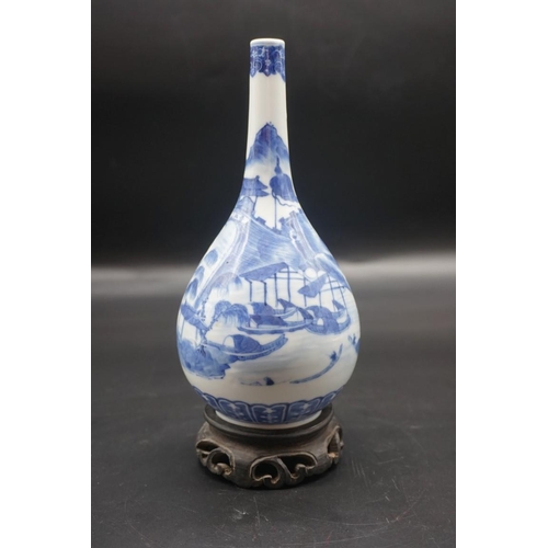 1634 - A Chinese blue and white bottle vase, Kangxi four character mark to base, 20cm high, on hardwood sta... 