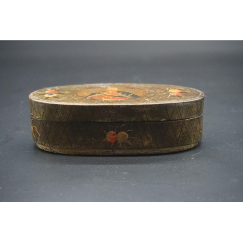 1657 - A Stobwasser style circular box and cover, the cover painted with a bust length portrait of a cleric... 