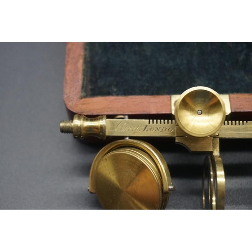 1677 - A rare 19th century Cary lacquered brass compound pocket microscope, in mahogany fitted bo... 