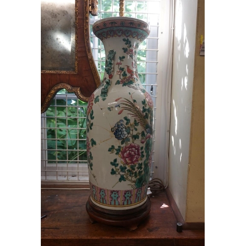 1692 - A large Chinese famille rose vase, converted to a lamp, height excluding fitting 67cm, (repairs).... 