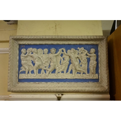 1693 - A large pair of 19th century Della Robbia rectangular plaques, each relief decorated with classical ... 