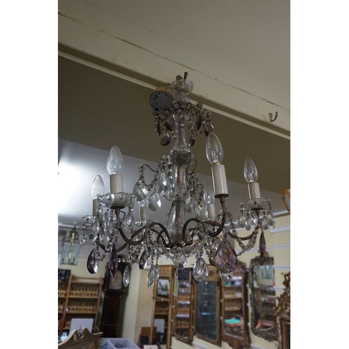 1698 - An old clear and amethyst glass drop six branch chandelier, approx 57cm high.