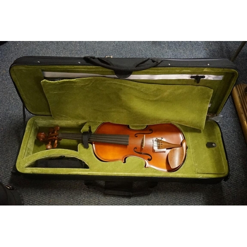 1708 - Five various violins, each with bow and in padded case. 