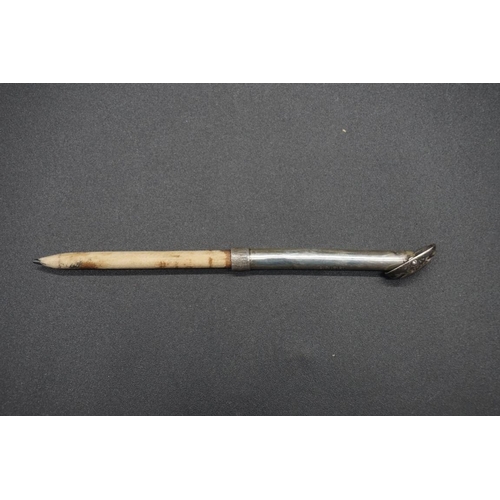 1712 - A silver mounted novelty cane, by Brigg, with concealed silver handled pencil; together with another... 