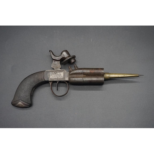 1738 - A 19th century Irish Rigby system four barrel percussion pistol with screw in spike, the lock inscri...