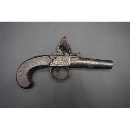 1740 - An antique flintlock pocket pistol, by 'Perry, London', with walnut grip, overall length 19.5cm.... 