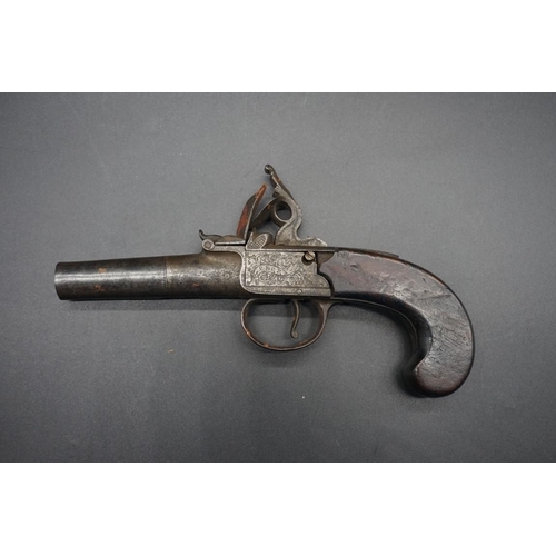 1740 - An antique flintlock pocket pistol, by 'Perry, London', with walnut grip, overall length 19.5cm.... 