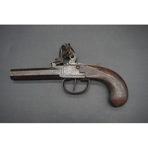 1744 - An 18th century flint lock pocket pistol, by 'Dally, Paris', having 9cm octagonal barrel with walnut... 