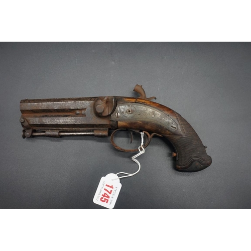 1745 - An antique double barrel percussion pistol, by 'Parkinson', overall length 24cm; together with anoth... 