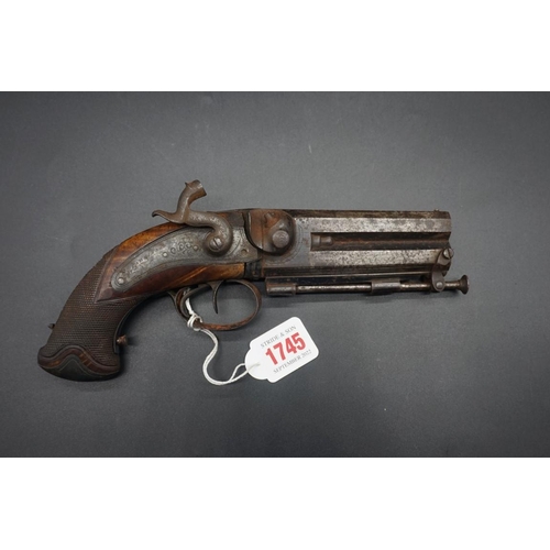 1745 - An antique double barrel percussion pistol, by 'Parkinson', overall length 24cm; together with anoth... 