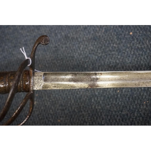 1754 - An antique French three bar hilt cavalry sword, with 63cm blade, no scabbard.