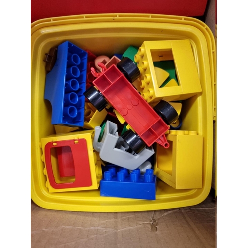 104 - Lego: a box of Lego and a plastic tub of Duplo; together with a collection of wooden pre-school... 