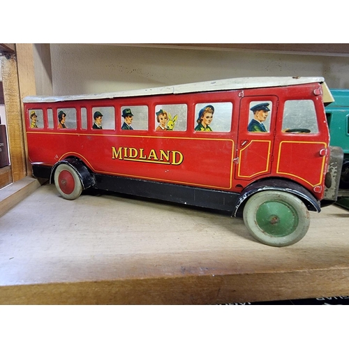 36 - Chad Valley: a vintage tinplate Midland bus with Birmingham destination sign; together with a Marx '... 