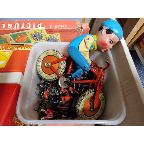 72 - A collection of vintage toys and comics, to include a Triang Gyro-Cycle; two Fisher-Price toys, comp... 