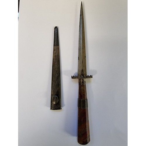 1723 - An unusual agate handled stiletto dagger and white metal sheath, the 13.5cm blade with anchor and se... 