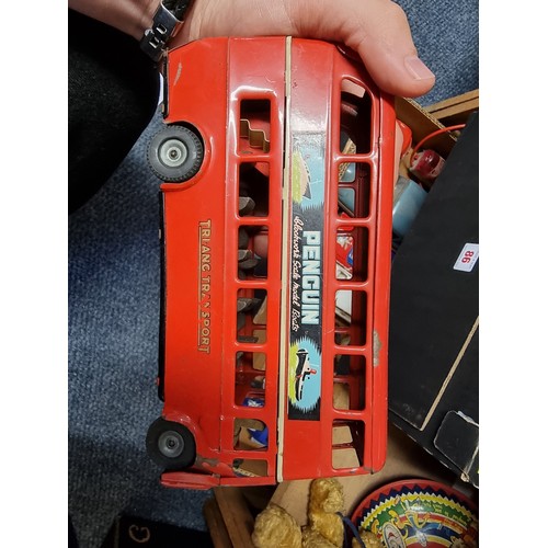 86 - Triang: a Minic red tinplate double decker bus; together with a group of vintage remote control cars... 