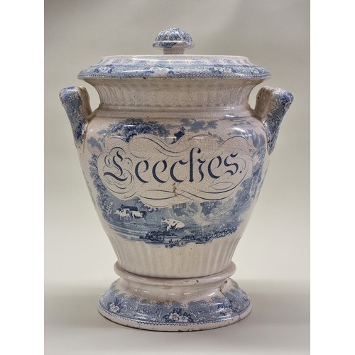 1215 - A Victorian Belvedere blue &amp; white pottery 'Leeches' jar and cover, 33cm high, (a.f.).  ...