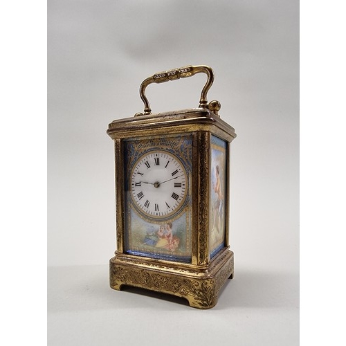 1653 - A good late 19th century brass and porcelain carriage clock, the painted dial inscribed 'Examd by Lu...