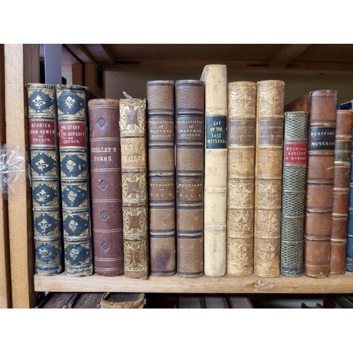 145 - BINDINGS: a quantity of leather bound books over 3 shelves. 