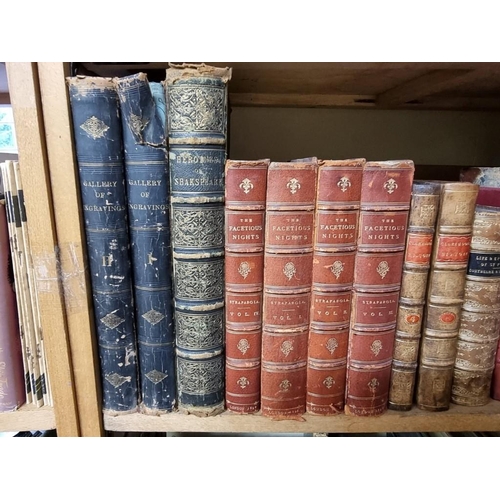 145 - BINDINGS: a quantity of leather bound books over 3 shelves. 