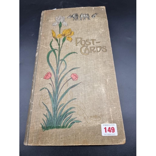 149 - POSTCARD ALBUM: a large format early c20 album, pages full with misc. topographical, comic, historic... 