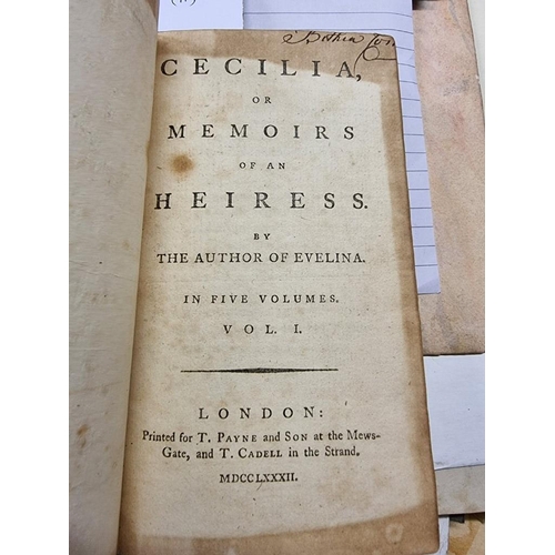 80 - BURNEY (Frances): 'Cecilia, or memoirs of an heiress..' London, printed for T Payne, 1782: 5 vo... 