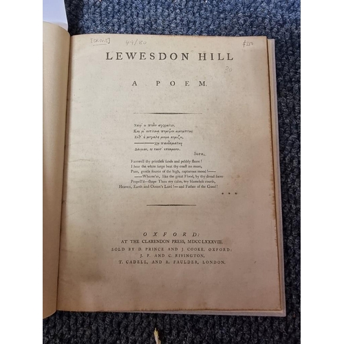 87 - POETRY: CROWE (William): 'Lewesdon Hill, A Poem...' Oxford, Clarendon Press, 1788: FIRST EDITIO... 