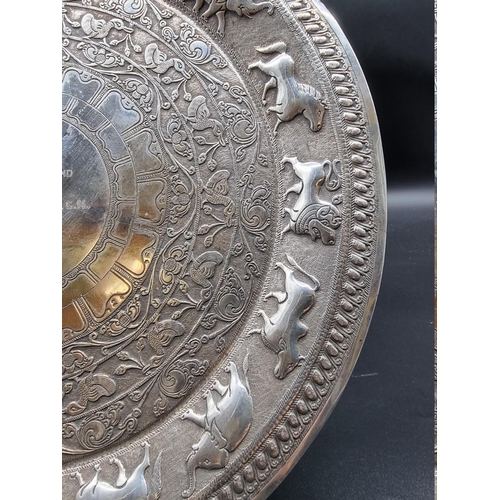 509 - A Ceylonese white metal circular tray, indistinct marks, inscribed '...HMS Colombo, 1945', 564g, 31c... 