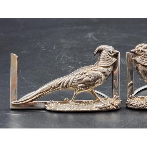 512 - A large pair of Edwardian silver pheasant menu holders, by Grey & Co., Birmingham 1904, 54g, 9.5... 