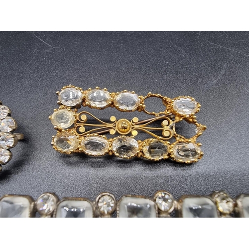 739 - Three vintage buckles; together with a metal brooch; a citrine stick pin; and a diamond stick pin. (... 