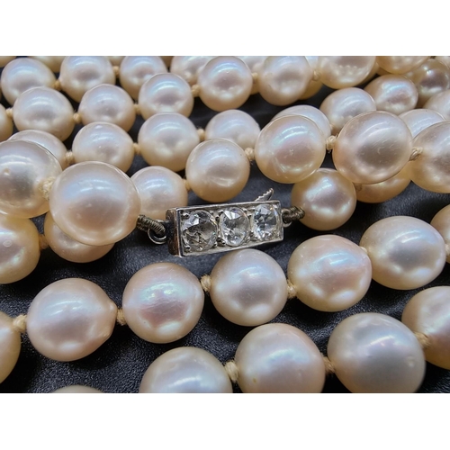 740 - A cultured pearl necklace, of 146 pearls, each approximately 8mm diameter, the unmarked clasp pave s... 