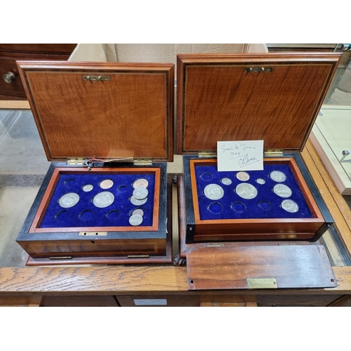 899 - Coins: two similar inlaid wood coin collection chests containing Victorian silver and bronze coinage... 