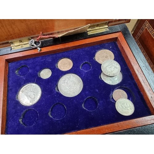 899 - Coins: two similar inlaid wood coin collection chests containing Victorian silver and bronze coinage... 