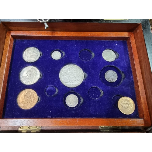 899 - Coins: two similar inlaid wood coin collection chests containing Victorian silver and bronze coinage... 