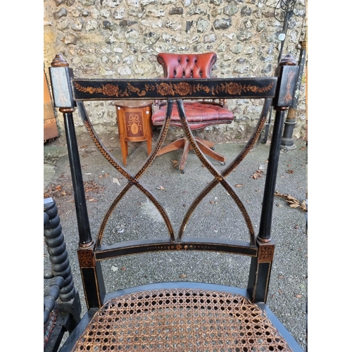 1002 - A bobbin turned corner chair; together with an ebonised and painted cane seated chair; and a pedesta... 