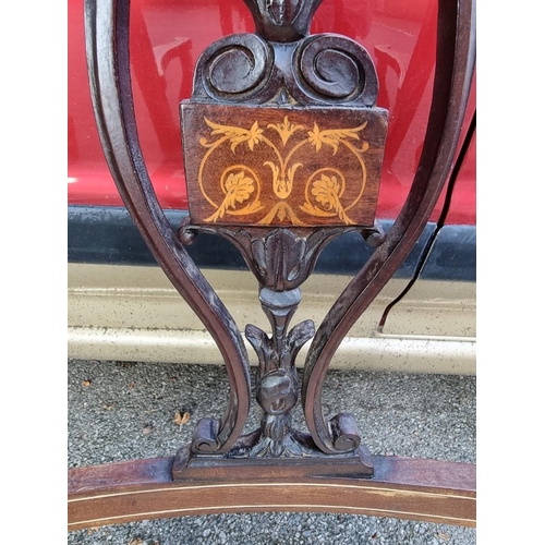 1005 - An Edwardian inlaid salon elbow chair; together with a small antique stool.