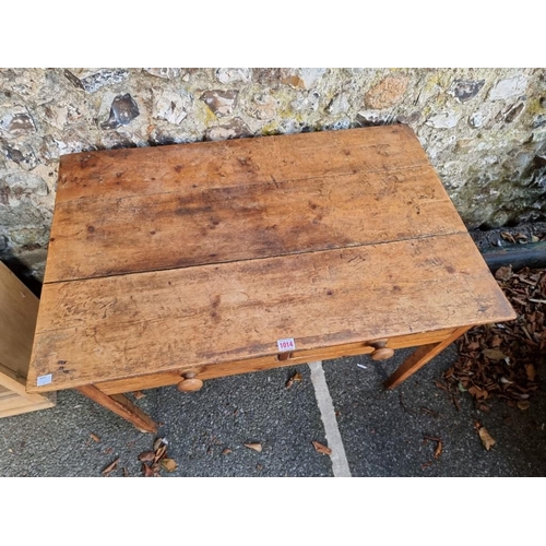 1014 - An old pine two drawer side table, 92.5cm wide x 60cm deep x 65cm high. 