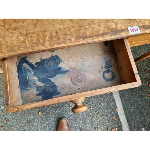 1014 - An old pine two drawer side table, 92.5cm wide x 60cm deep x 65cm high. 