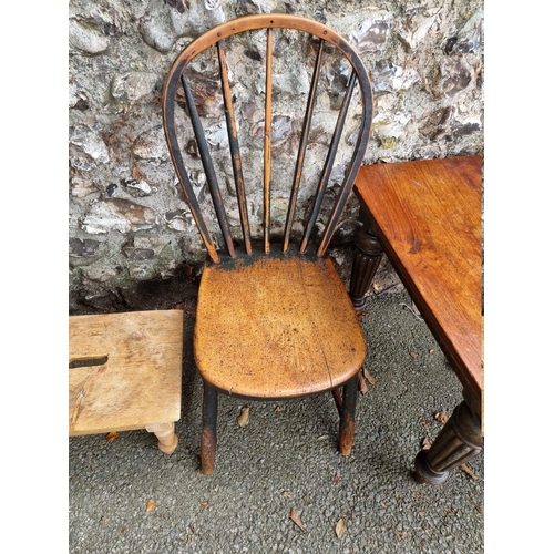 1033 - A mahogany square occasional table; together with a cricket type table; a small chair; and a milking... 