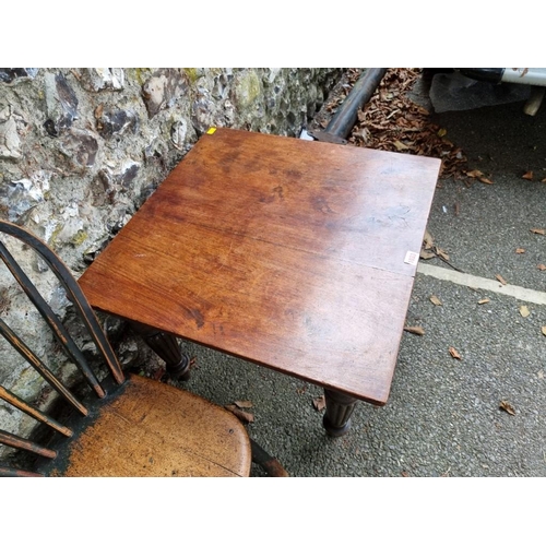 1033 - A mahogany square occasional table; together with a cricket type table; a small chair; and a milking... 