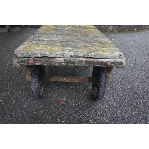 1048 - An antique wooden cart, with iron pull bar, 122cm long x 70cm wide x 47cm high.