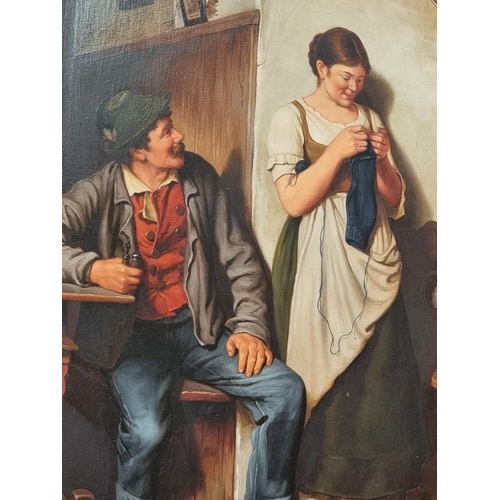 1094 - Andras Lorincz, 20th century, Bavarian figures in an interior, signed, label verso, oil on boar... 