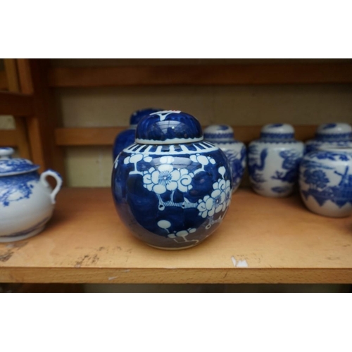 1110 - A collection of Chinese and other blue & white jars and similar, some with covers, largest 15cm ... 