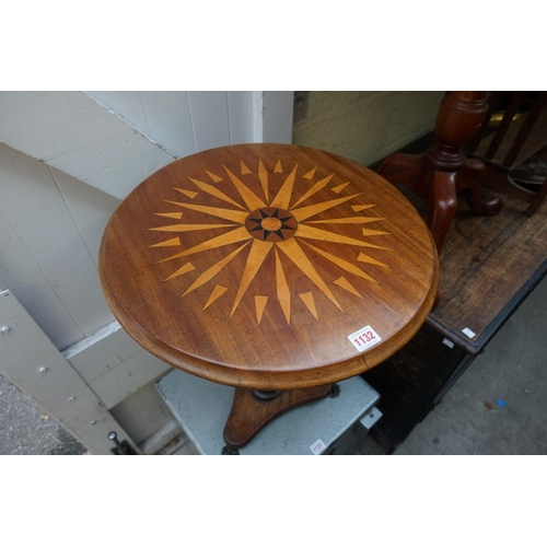 1132 - A mahogany, yew wood and parquetry circular occasional table, 56cm high x 48cm diameter.  ... 