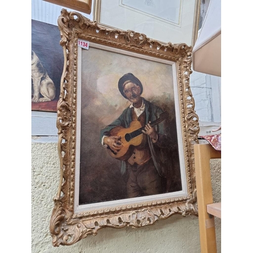 1134 - European School, late 19th century, three quarter length portrait of a man with a guitar, oil on can... 