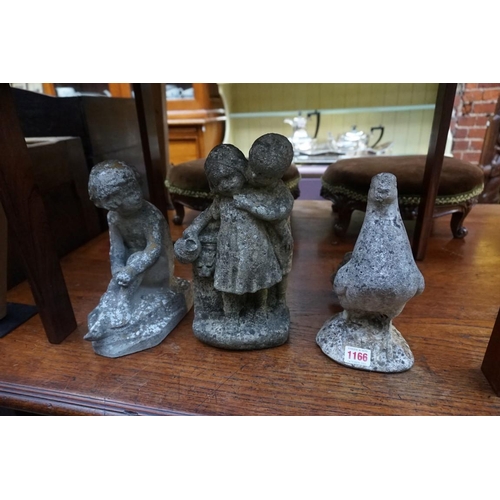 1166 - Three small old weathered composition stone figures, largest 28cm high.