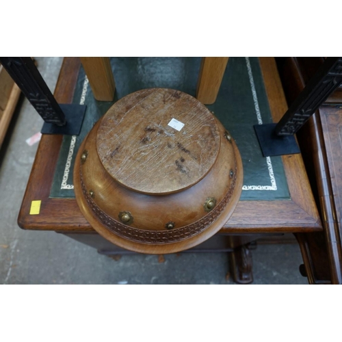 1195 - An Eastern carved walnut circular bowl, with brass studded decoration, 34.5cm diameter. ... 