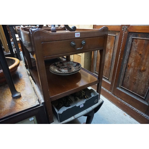 1200 - A pair of reproduction mahogany tray top two tier occasional tables, each with frieze drawer, the to... 